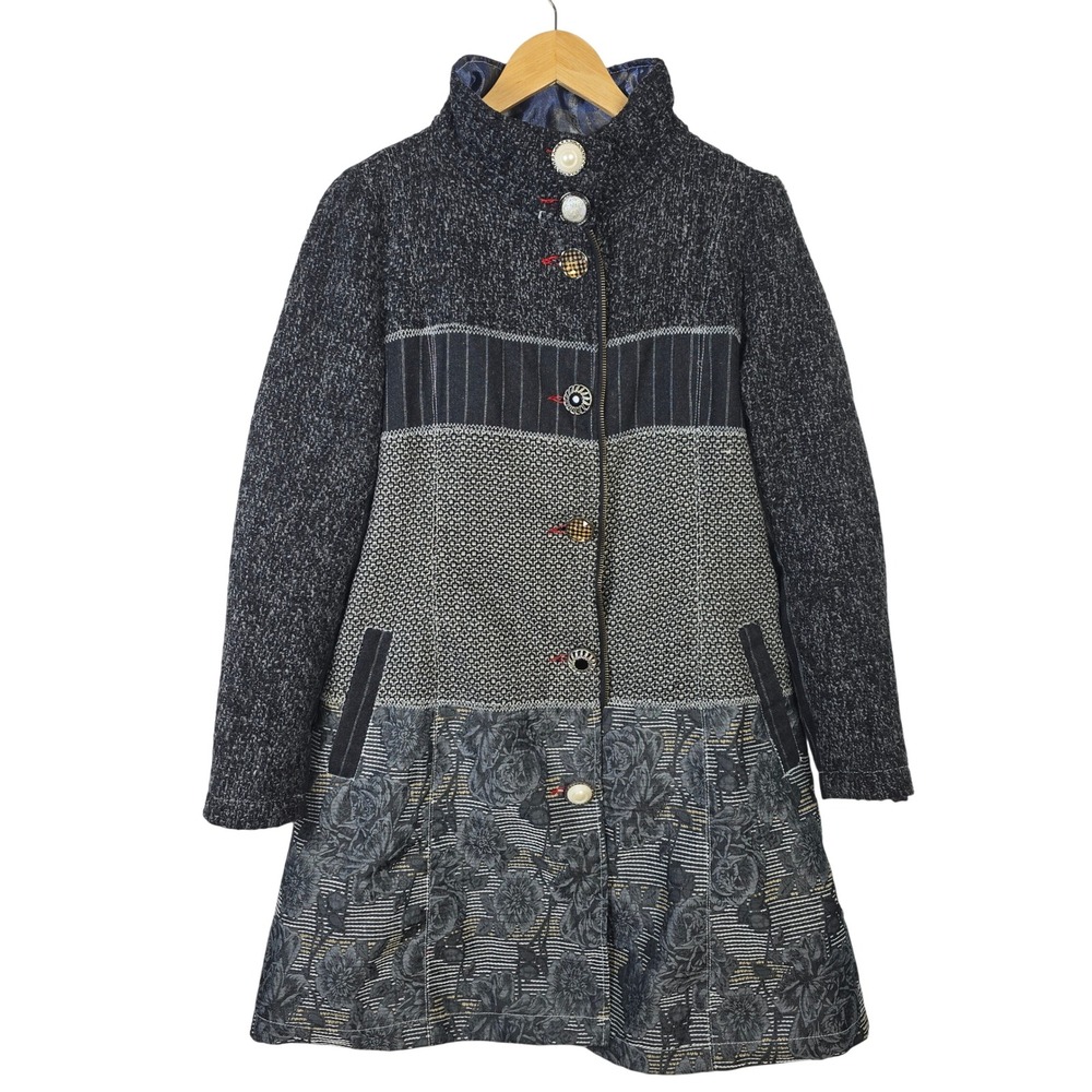 Paparazzi by BIZ Womens L Patchwork Mixed Media Long Coat Gray Floral Art Wear